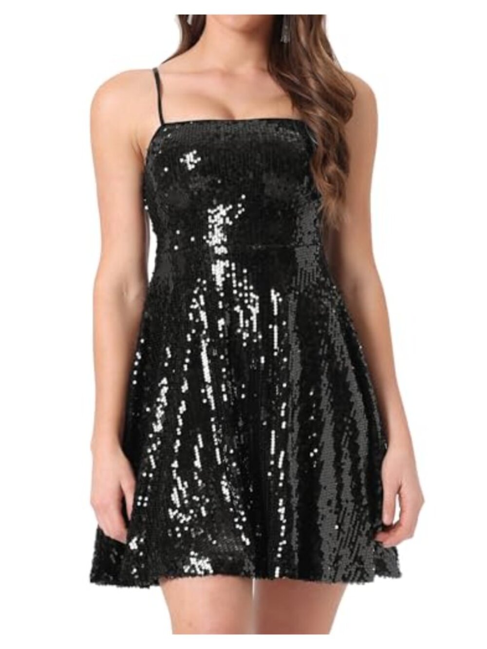 Sequin V-Neck Sleeveless Fit & Flare Mini Dress Adjustable Straps Party Club